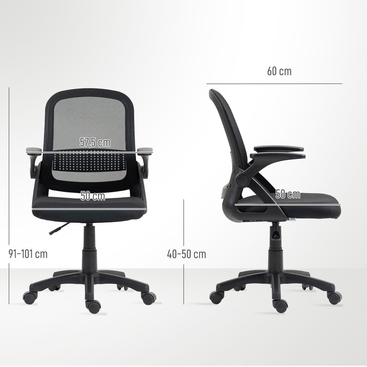 Ademende mesh-bureaustoel, ergonomische draaistoel met neerklapbare armleuningen en lendensteun, zwart thumbnail 5