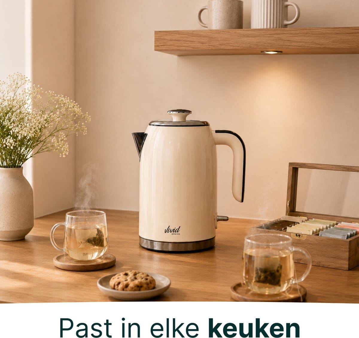 Vivid Green Luxe Waterkoker 1.7L - Retro Design - 2200W - BPA-vrij - 360° - RVS - Creme thumbnail 3