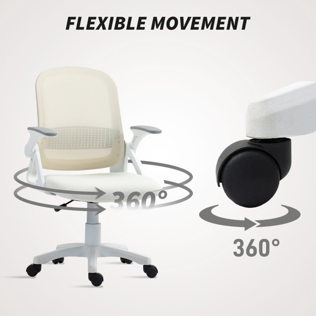 Ergonomische-Bureaustoel-Mesh-Verstelbare-Hoogte-Opklapbare-Armleuningen-360°-Draaistoel-Ademende-Office-Chair-Wit-Comfortabele-Thuiswerk-Stoel thumbnail 2