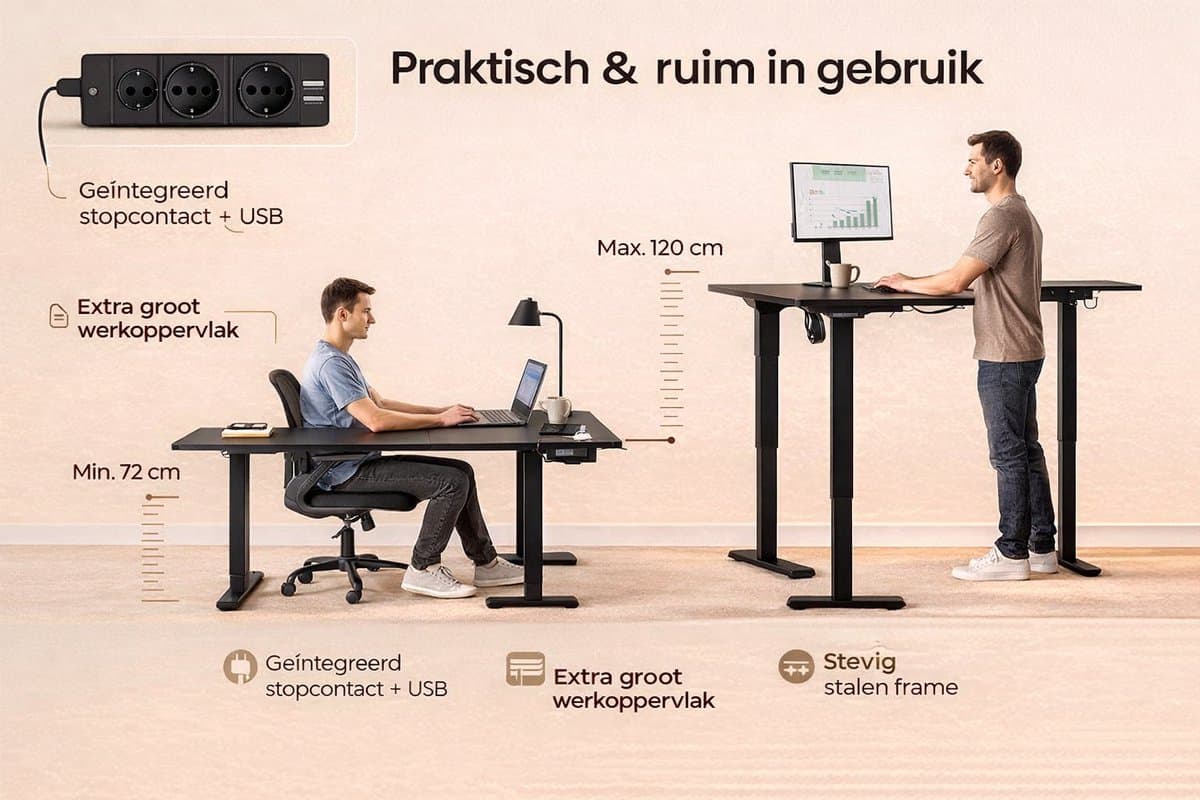 Signature Home Zit-Sta Bureau - Elektrisch in hoogte verstelbaar hoekbureau met laadstation - hoekbureau L vormig - 160 x 140 cm - zwart thumbnail 5