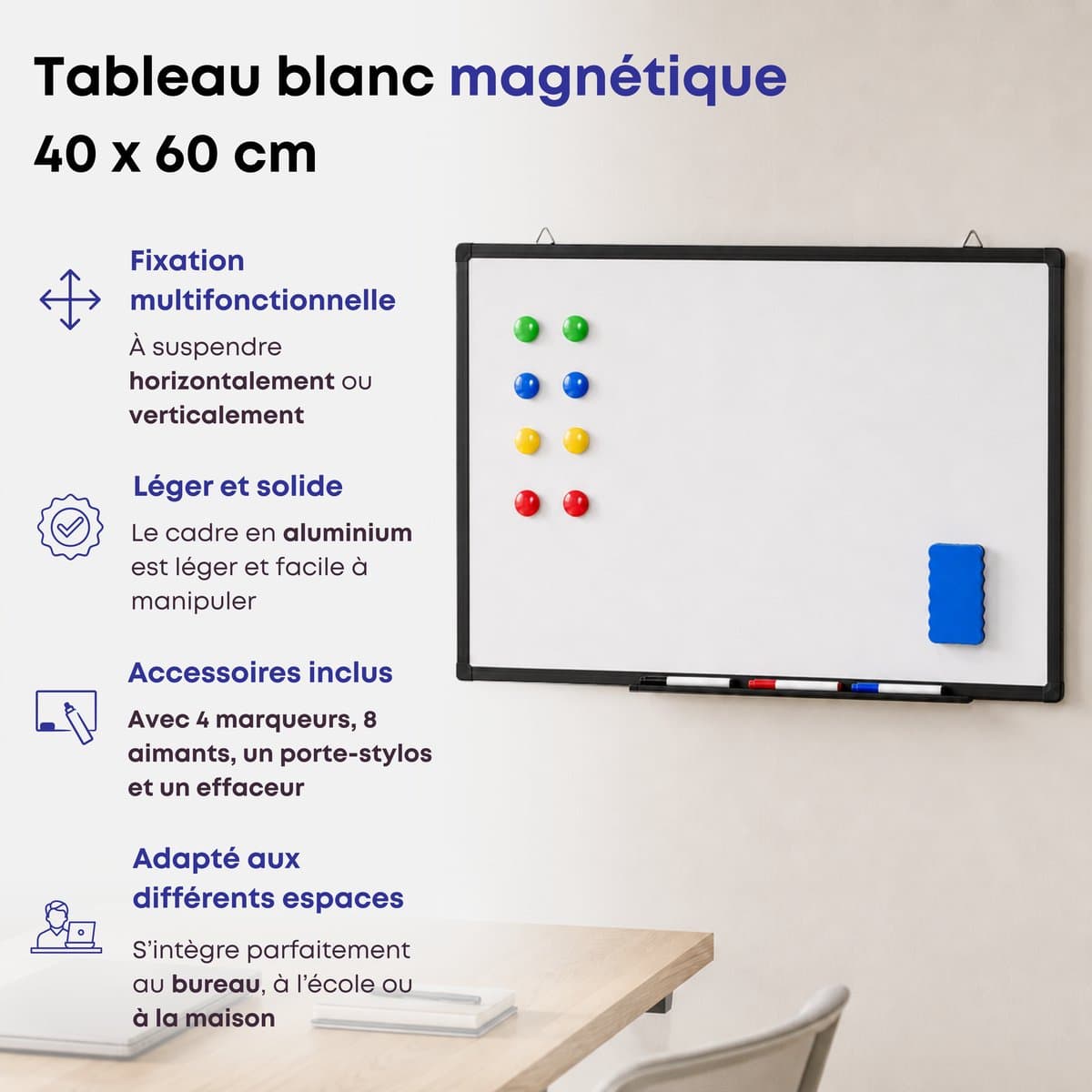 ACAZA Whiteboard - Magnetisch - 40 x 60 cm - Magneetbord - Weekplanner - Inclusief 8 Magneten, 4 Stiften, Wisser en Pennenbakje - Whiteboard Stiften - Weekplanner Whiteboard - Maandplanner - Magneten Whiteboard - Memobord thumbnail 2