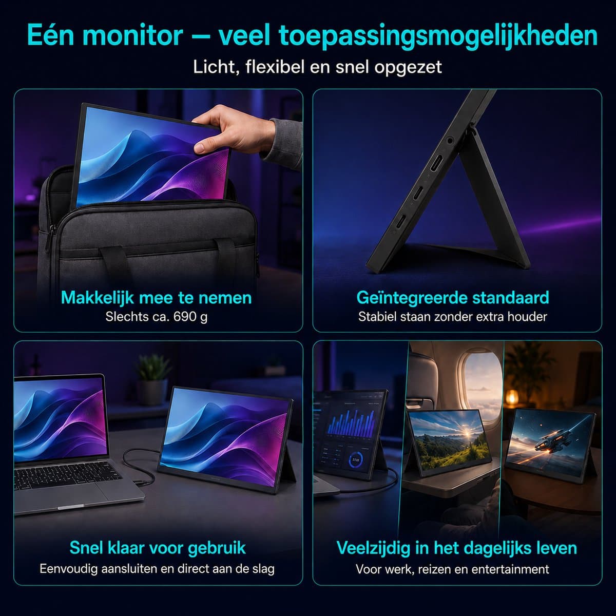Gloovon® Draagbare Monitor - 16 inch 2.5K 144Hz - Met Standaard HDMI & USB-C - 500 nits IPS Scherm - 2560x1600 - Zwart thumbnail 3