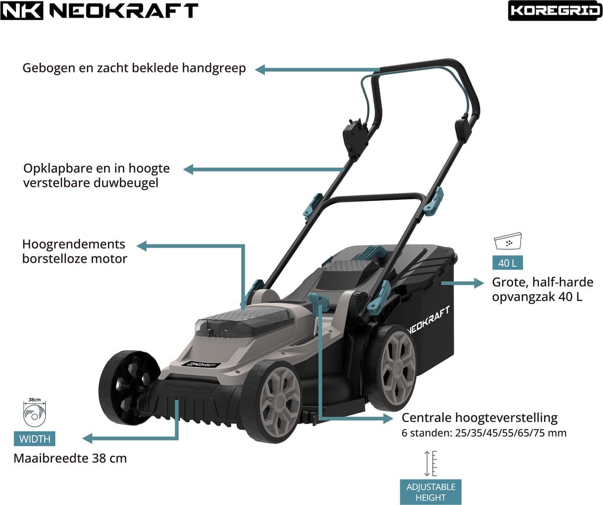 Neokraft - 40V Accu grasmaaier - 38cm maaibreedte - 6 instelbare maaihoogtes - Incl 40L opvangzak - Incl. 40V 4,0Ah accu & lader thumbnail 3