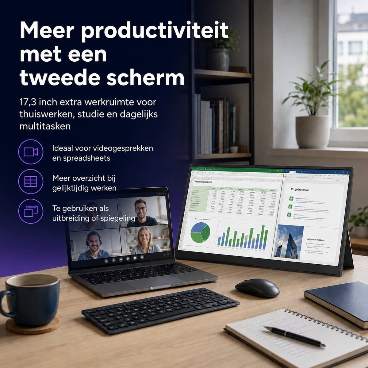 Gloovon® Portable Monitor 17.3 inch - 144Hz & 1ms IPS - Full HD 1080p met USB-C & HDMI Aansluiting - Ingebouwde Standaard thumbnail 6