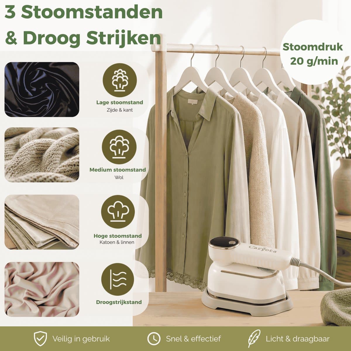 Caryota Stoomstrijkijzer 2in1 - Mini Strijkijzer - 3 Stoomstanden - Reis Strijkijzer - Kledingstomer - 1400W - 15s warm - 180° Roteerbare Stoomkop - LCD - Steamer - 650g thumbnail 3