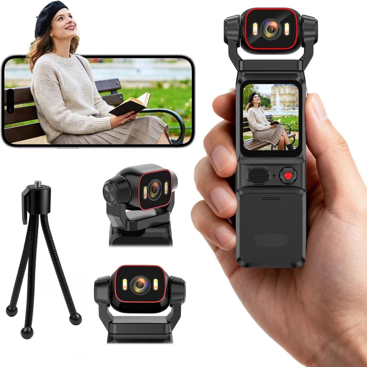 Action Cam 4K - 6-assige stabilisatie videocamera, vlog, live view-display, vlogcamera, wifi, 160° groothoek, draaibare lens en 3000 mAh batterij voor fietsen, vlogging, reizen en outdooractiviteiten thumbnail 8