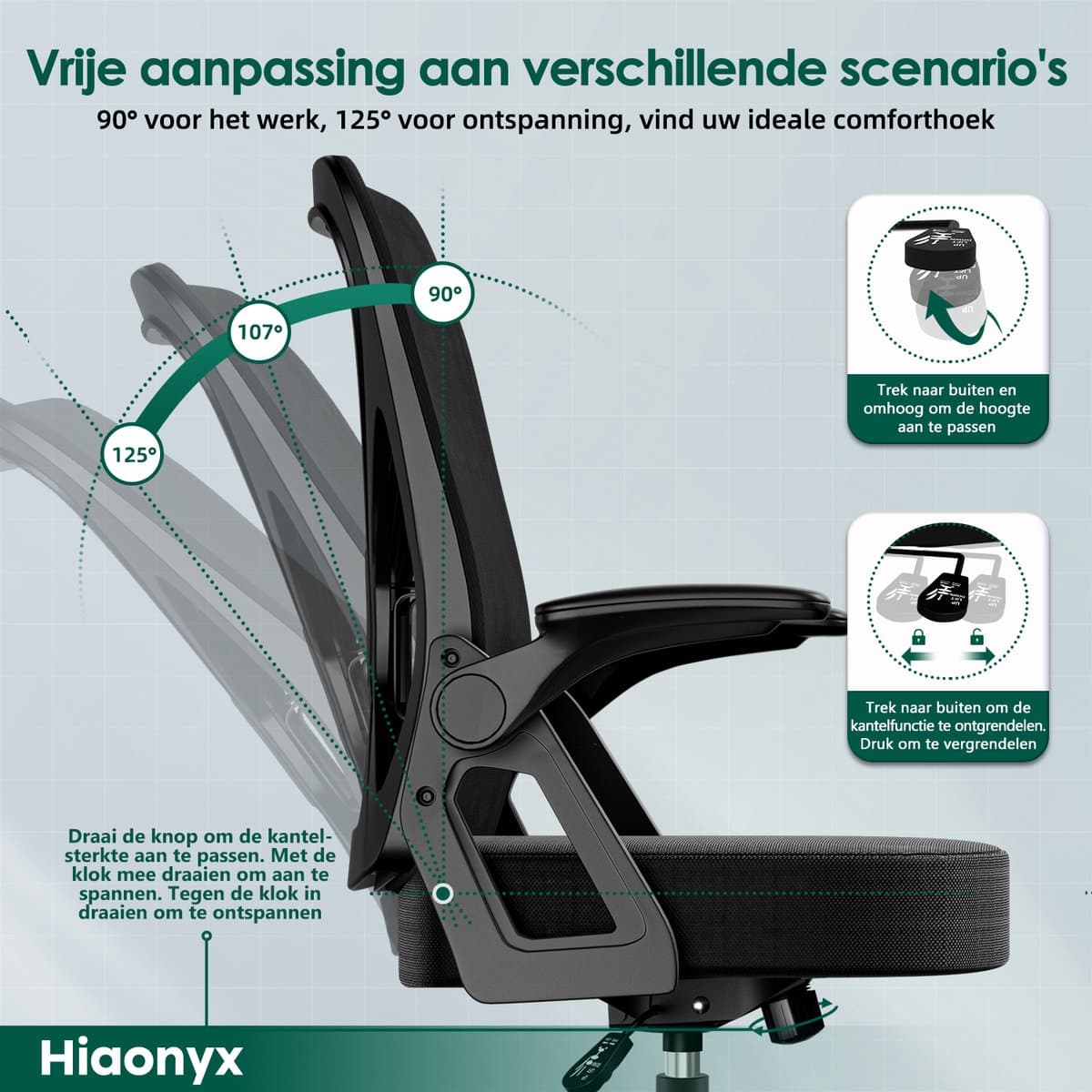 Hiaonyx Ergonomische Bureaustoel met Opklapbare Armleuningen thumbnail 5