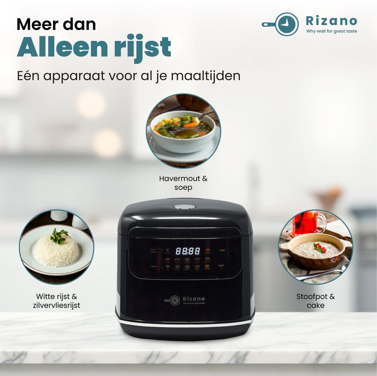 Rizano® Rijstkoker Zwart - 1-4 Personen - Multicooker - Slowcooker - Rice Cooker Klein 2L - Rijststomer - Rijstkoker met Stomer - Soep, Stoofpot & Cake - Anti-aanbak met 3D Warmteverdeling - Touchscreen en 5 Functies thumbnail 3