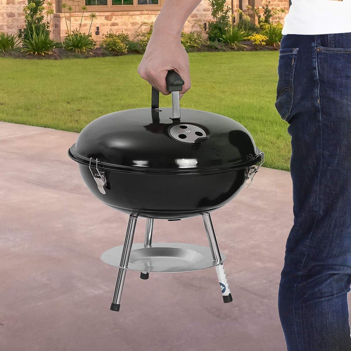 Compacte Draagbare Houtskool BBQ - Houtskoolbarbecue BBQ-Grill Kogel Barbecue - Balkon/Camping/Festival/Picknick Kolen BBQ - Zwart thumbnail 2