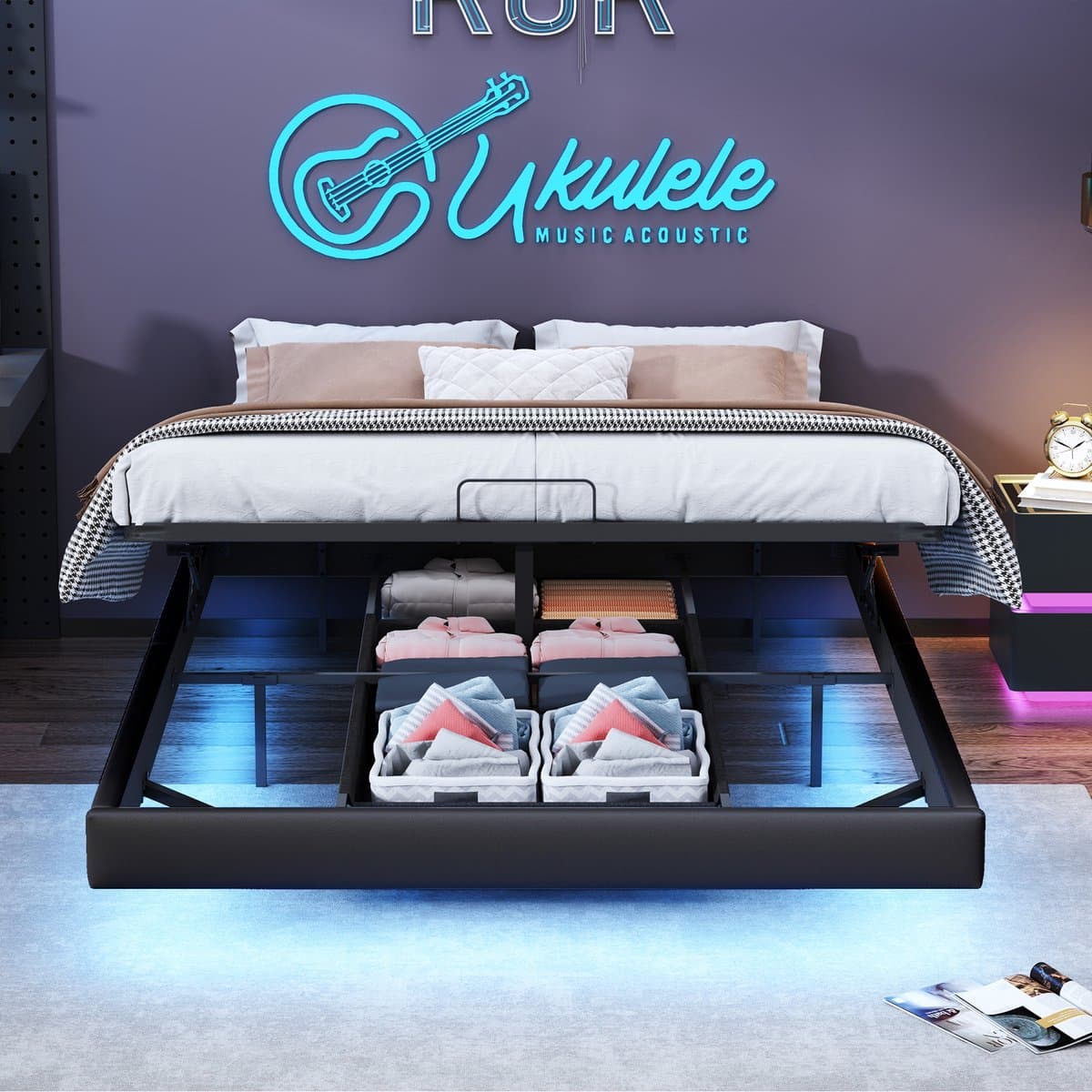 Zwart Hydraulisch Opbergbed 160x200 cm – Tweepersoonsbed met LED Sfeerverlichting & Ruime Opberglades thumbnail 5
