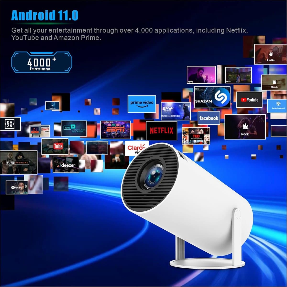 Beamer - Mini Projector - 4K & 1080p Full HD - Android 11 met Netflix - WiFi 6 & Bluetooth - 180° Draaibaar - Thuisbioscoop thumbnail 2