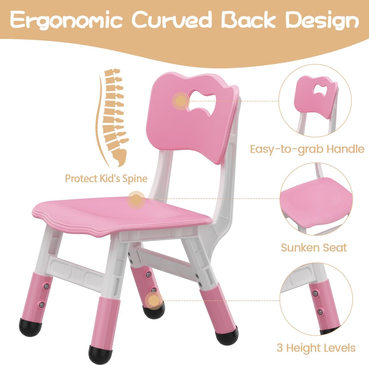 Kinderstoel Set van 2 met hoogte verstelbare stoel, Plastic peuterstoelen voor kinderen jongens meisjes, Kinderen Hangmat stoel, Booster stoelen voor peuters, Roze thumbnail 3