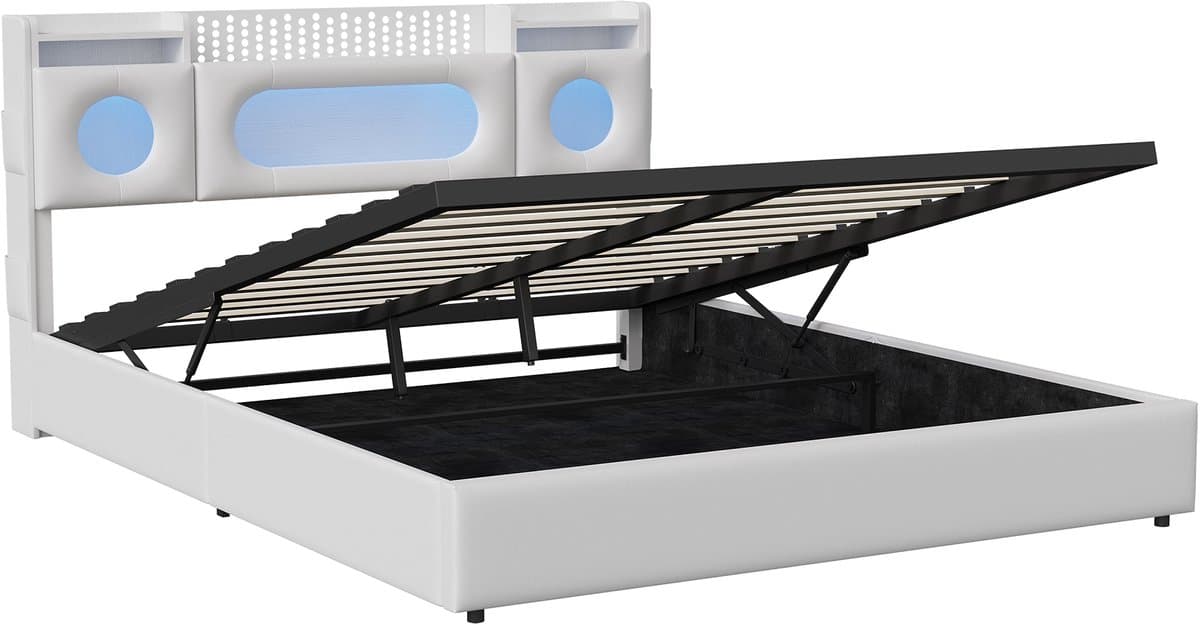Gasveerbed 160x200 cm met LED-hoofdbord, USB en Type-C, opbergvak en opbergruimte onder het bed – ideaal voor lezen, ontspannen en opladen – Wit thumbnail 8