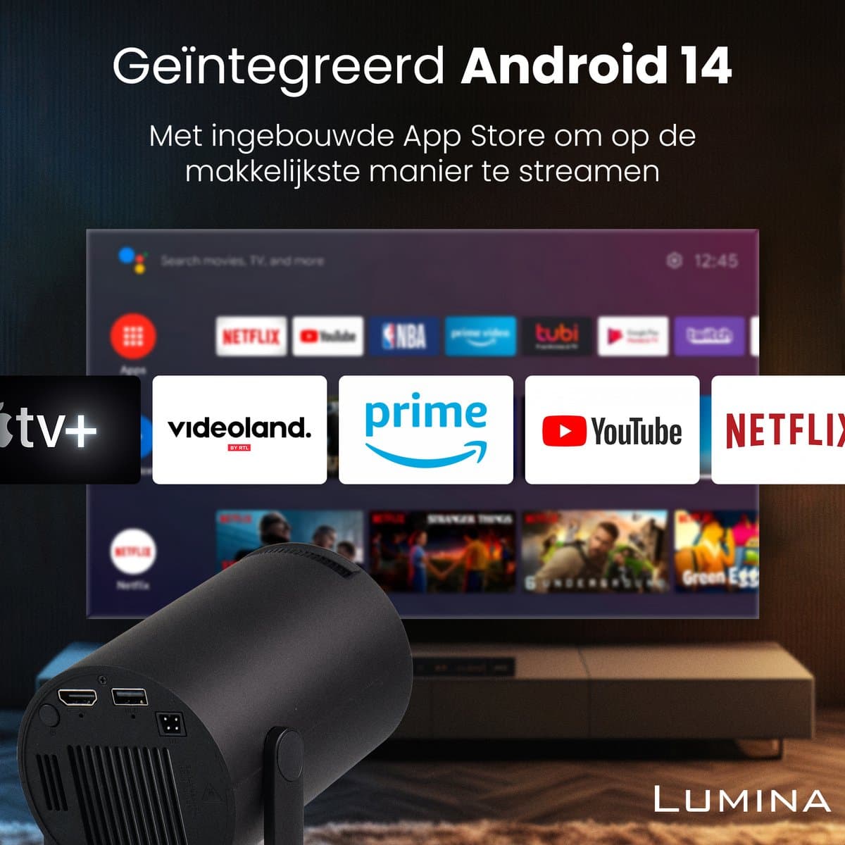 Lumina® Pro Mini Beamer 2026 – Android 14 Smart Projector met Google Playstore – Thuisbioscoop – Voor iOS & Android – WiFi 6 & Bluetooth 5.4 – Zwart thumbnail 2