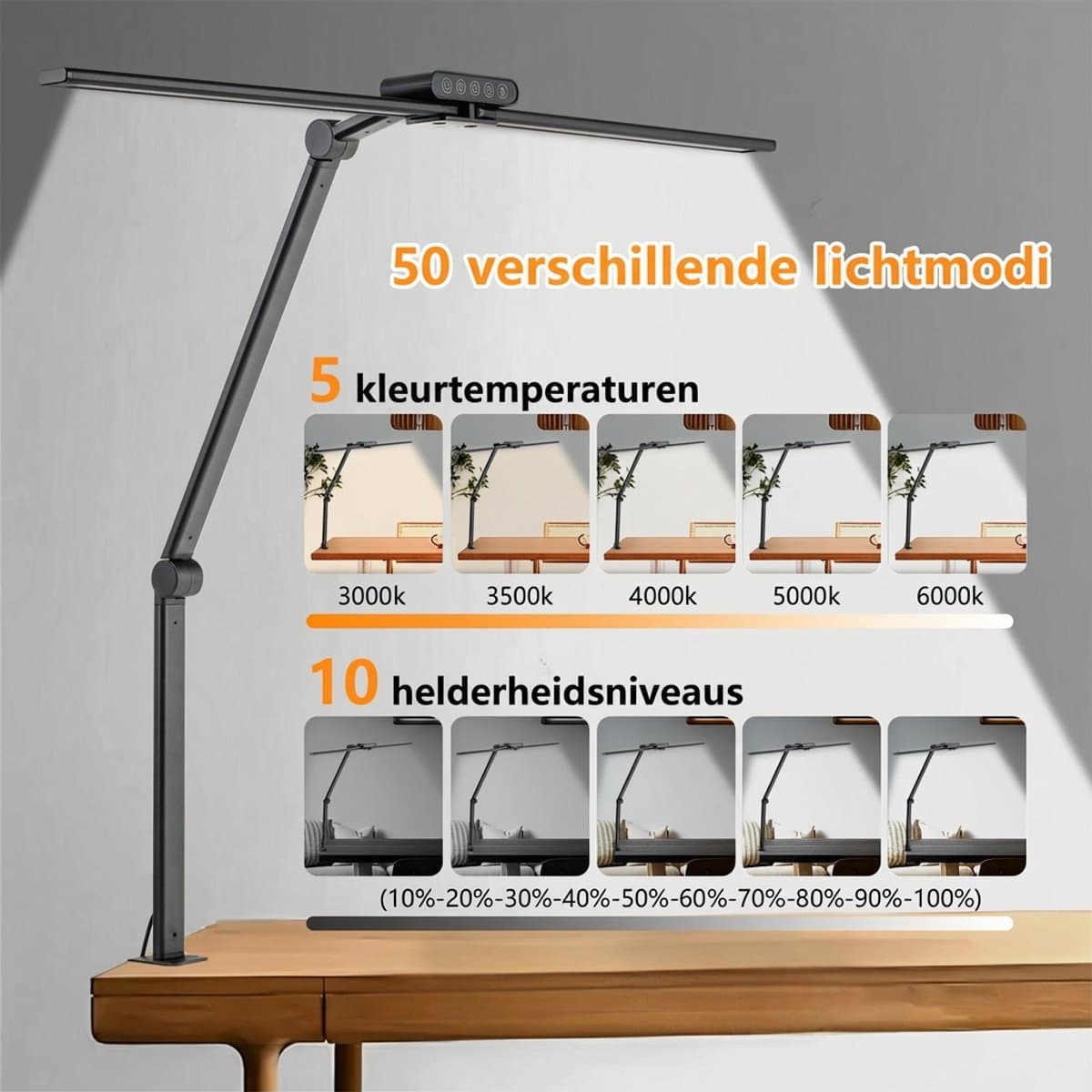 MUPOO Bureaulamp met Klem - 74 cm - LED Leeslamp Dimbaar - Daglichtlamp - 5 Kleuren licht - Moderne Tafellamp voor Monitor Studio - 24W - met Timer en Geheugenfunctie - Flexibel - Zwart thumbnail 3