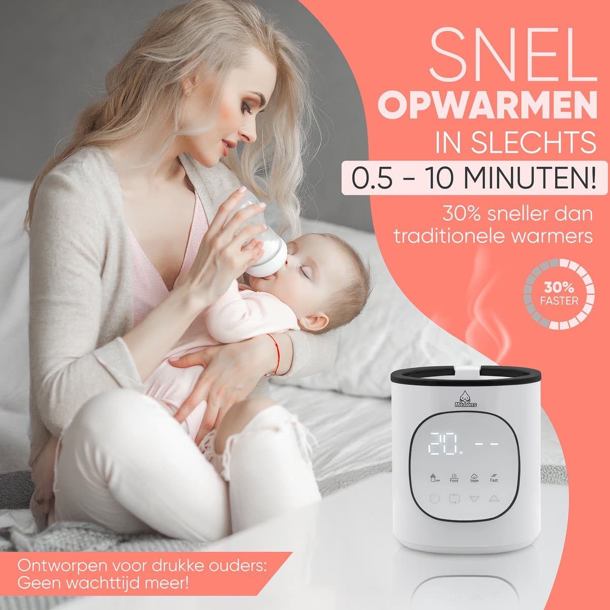 Mellons Flessenwarmer - Fles verwarmer 37°C tot 80°C - Baby bottle warmer - Babyvoeding - Opwarmen, warmhouden, ontdooien en steriliseren - Flessen sterilisator - Calora - Wit thumbnail 3