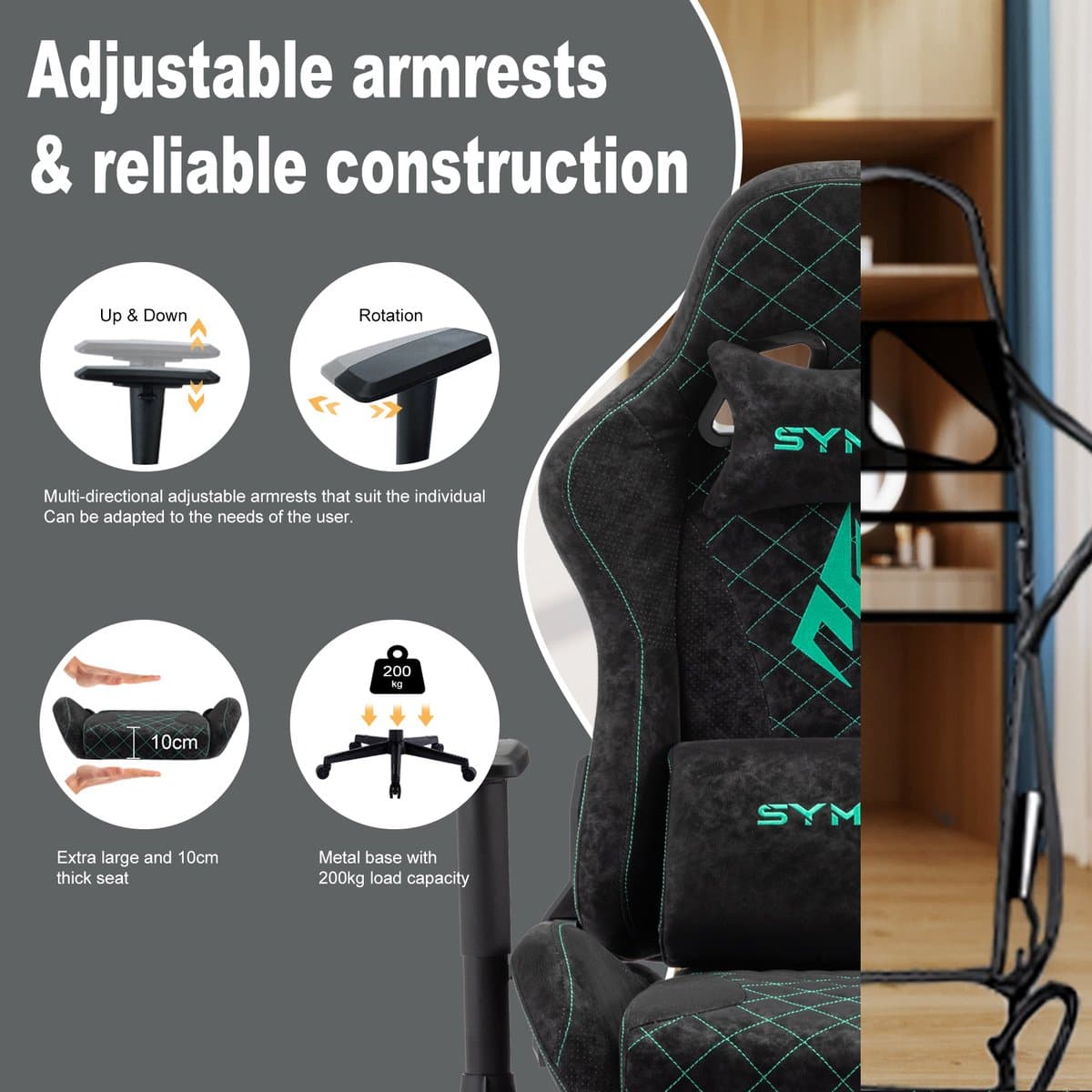 Symino PU lederen Verstelbare Ergonomische Gamestoel met Voetsteun-Gaming Stoel - Bureaustoel Gaming chair - Game Stoel - Tot 200kg - Zwart thumbnail 7