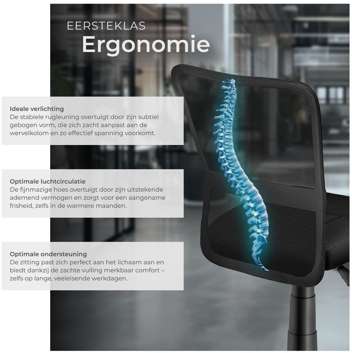 tectake® Ergonomische Bureaustoel - Draaistoel met Wielen, Gamingstoel, Comfortabel Meubilair voor Studeer- en Kinderkamer, PC- en Computerbureau - Zwart thumbnail 7