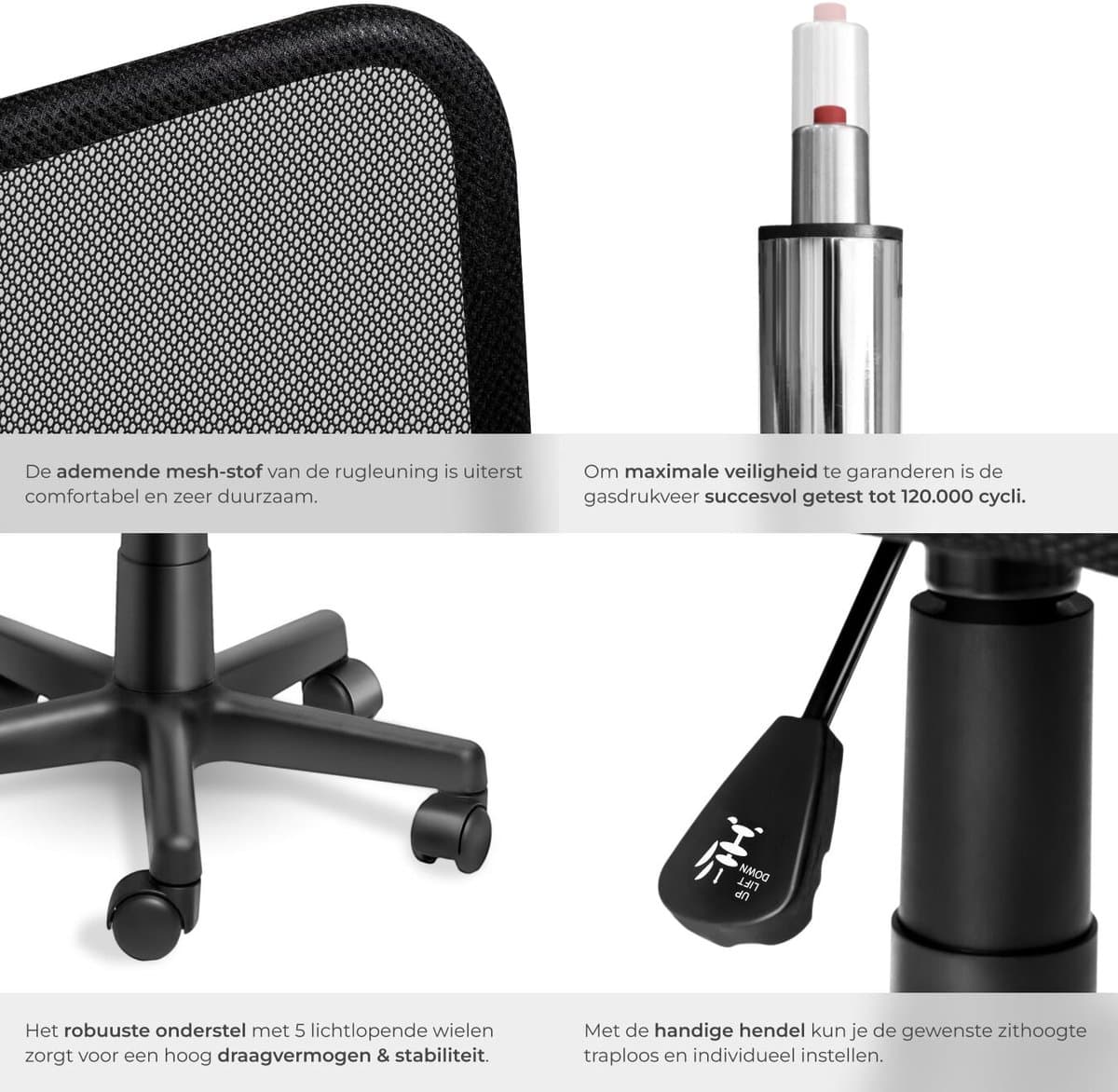 tectake® Ergonomische Bureaustoel - Draaistoel met Wielen, Gamingstoel, Comfortabel Meubilair voor Studeer- en Kinderkamer, PC- en Computerbureau - Zwart thumbnail 4