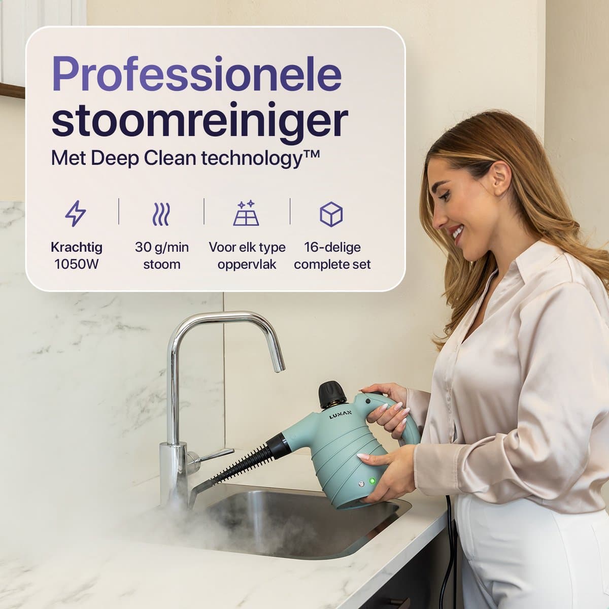 LUMAN 16 in 1 Stoomreiniger C1 - Handstoomreiniger - Handstomer - Vlekkenreiniger - Tapijtreiniger - Incl. Opbergtas en 16 Opzetstukken - 1050 Watt - 450 ML - Groen thumbnail 5