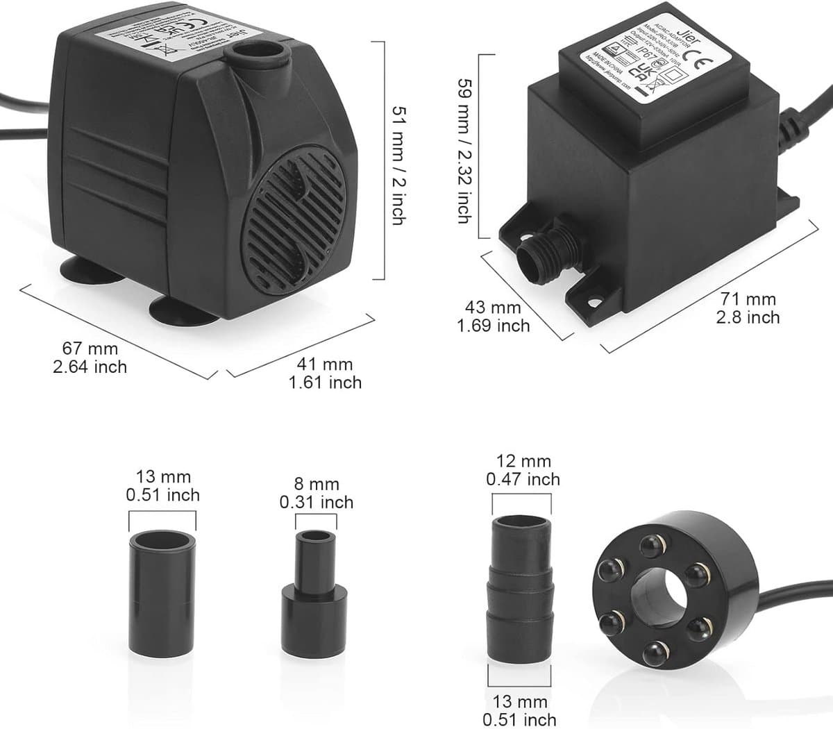 Dompelpomp 12V AC 600L/H met LED-lichtring voor vijver, aquarium en fontein thumbnail 7