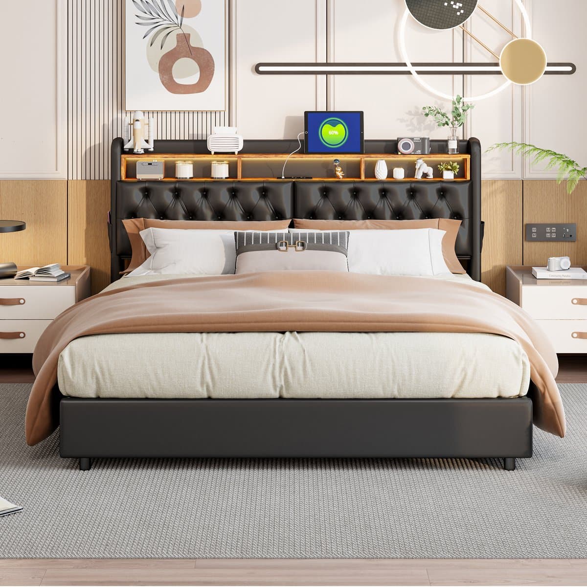 Opbergbed 180x200 met LED & USB – Zwart PU Tweepersoonsbed met Gaslift Opbergruimte thumbnail 7