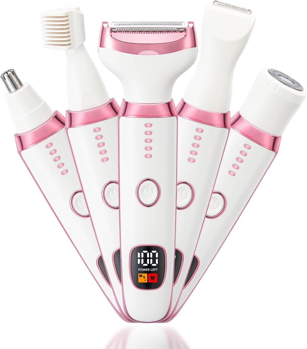 5-in-1 Elektrisch Epilator voor Vrouwen - Oplaadbare Bikinischaaf met Digitale Batterij-indicator - Verwisselbare Opzetstukken voor Gezicht, Lichaam en Intieme Zones - USB-C - Wit - afbeelding 1