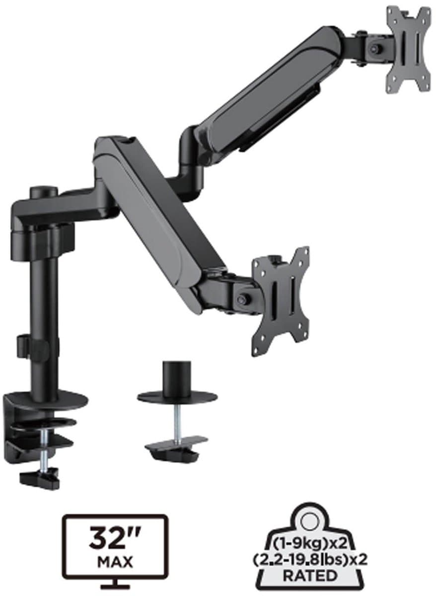 Gembird Bureau Monitorarm voor Dubbele Monitoren, 17–32 Inch, Tot 9 kg per Monitor, Volledige Beweging, 360° Rotatie, 35° Kantelbaar, 90° Zwenkbaar, VESA-compatibel, Ingebouwde Kabelbeheer, Zwart