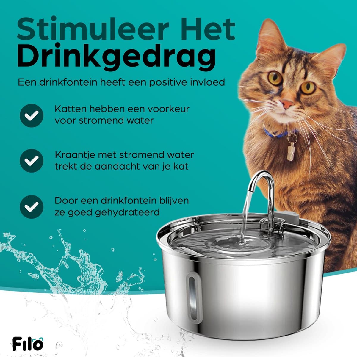 Filo Fluisterstille RVS Drinkfontein Kat & Hond 3.2L + 2 Filters & Schoonmaakstaafje - Waterfontein Kat - Kattenfontein - Fontein - Waterbak - Waterfontijn Katten - Drinkfontijn - Honden thumbnail 4