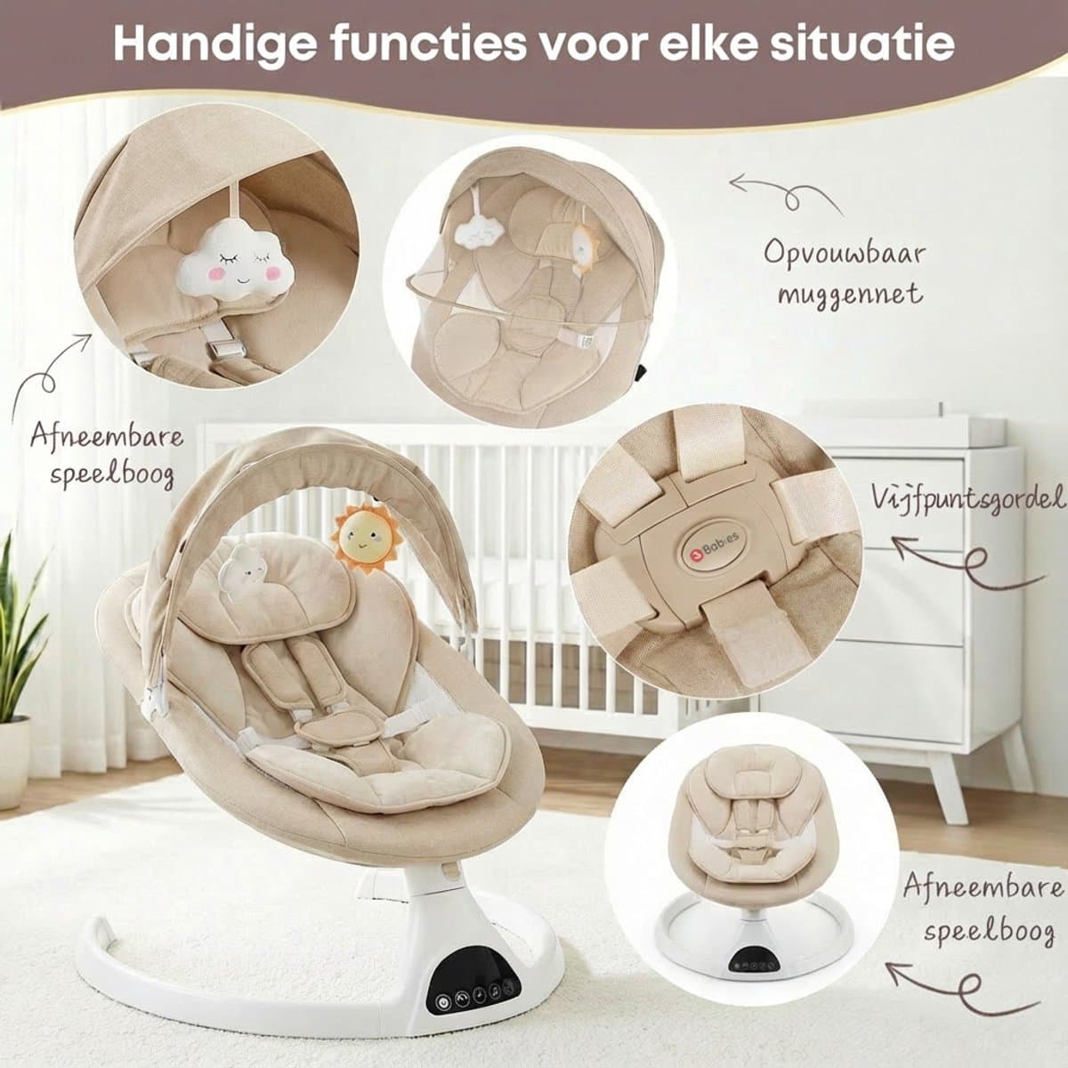 3Babies® Baby Swing – Elektrisch Wipstoel – Babyschommel – Elektrische Schommelstoel baby – Verstelbaar – Wasbare Bekleding – Afstandsbediening en App – Beige thumbnail 2