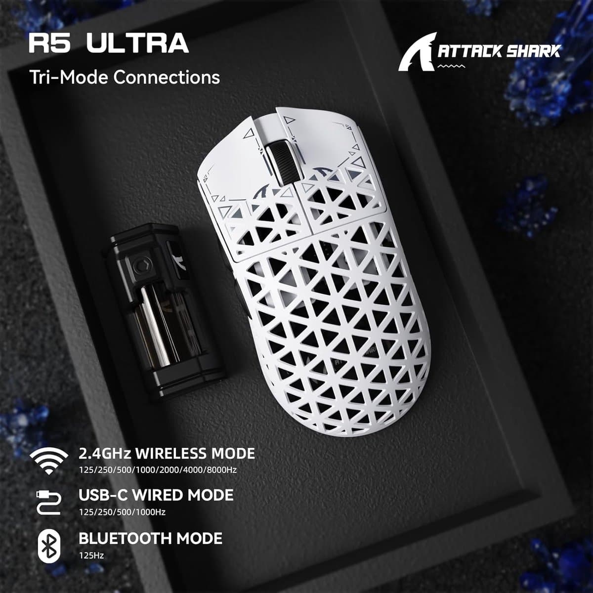 ATTACK SHARK R5 Ultra - Gamingmuis - Koolstofvezel Behuizing - 39g Ultralicht - HyperSpeed Draadloos - 2.4G / Bluetooth / USB-C Bedraad - PAW3950MAX Sensor - 8000Hz Pollingsnelheid - 42.000 DPI - Windows & Mac - Wit thumbnail 5