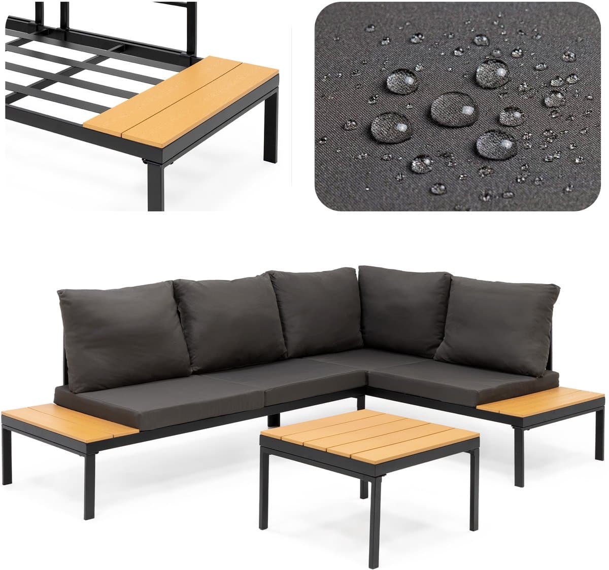 Springos Tuinmeubelset - Loungeset - Tuinmeubilair - Bank - Stoelen - Tafel - Kussens - Zwart - Bruin - Staal - Hout - 150 Kg thumbnail 7