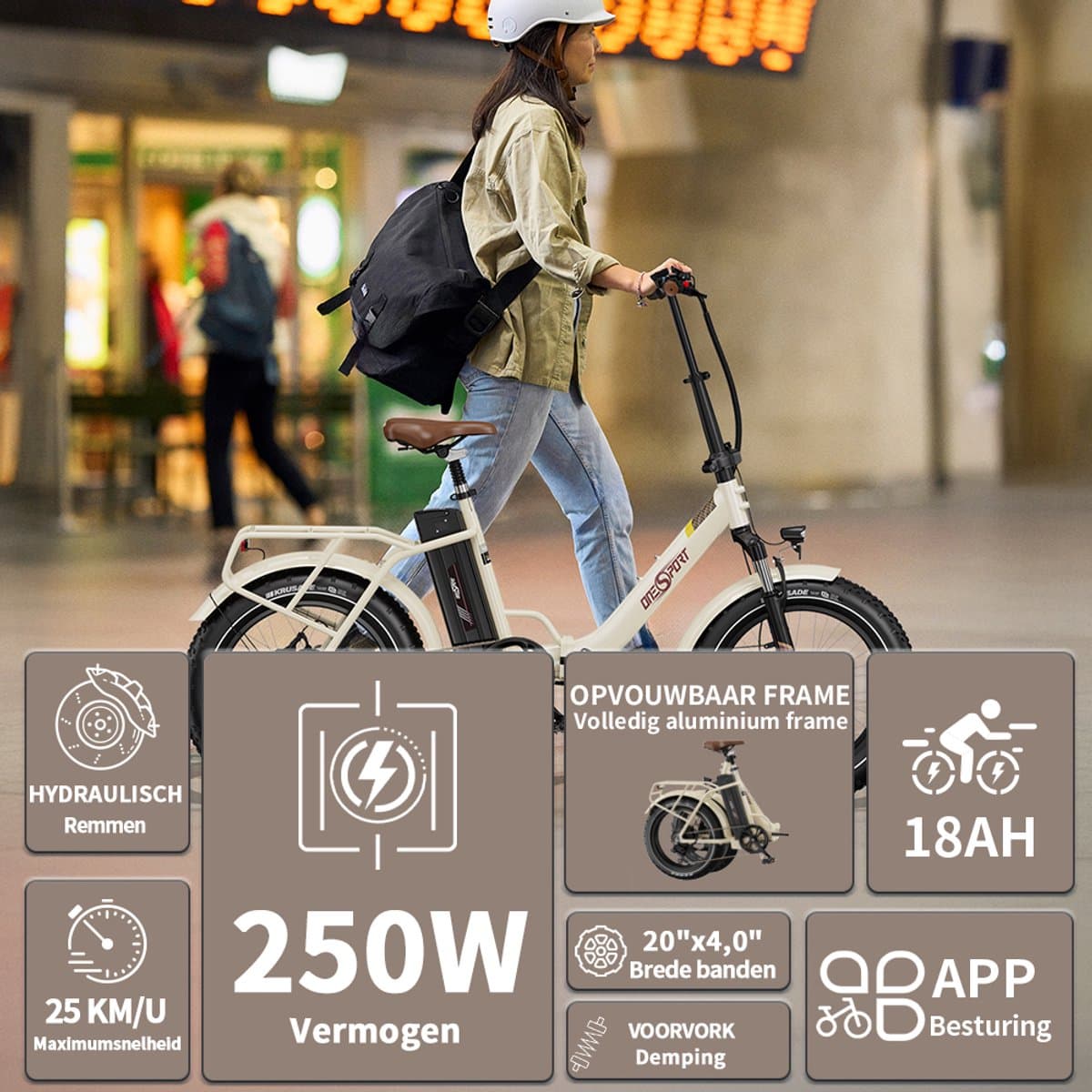 ONESPORT OT16Max Opvouwbare Elektrische Fiets – 864Wh Accu – Actieradius tot 120 km –20×4.0 Inch Fatbike – Aluminium Lage Instapframe – Shimano 7 Versnellingen – Hydraulische Schijfremmen – Max. Belasting 120 kg – Stads E-bike – Crèmewit thumbnail 6