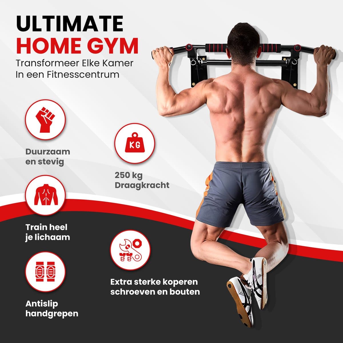 TTD® Premium Pull Up Bar - Pull Up Station - Optrekstang Wandmontage - Dip Station - Dip Bars - Thuis Sporten - Thuis Fitness - Premium materialen - Extra stevige montage onderdelen - Home workout - Zwart/Rood thumbnail 5