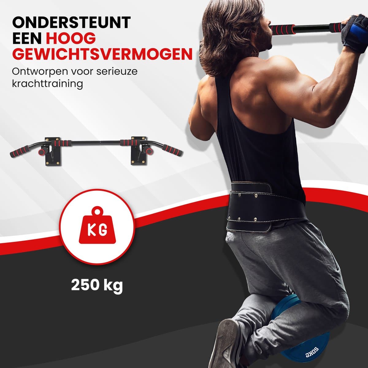 TTD® Premium Pull Up Bar - Pull Up Station - Optrekstang Wandmontage - Dip Station - Dip Bars - Thuis Sporten - Thuis Fitness - Premium materialen - Extra stevige montage onderdelen - Home workout - Zwart/Rood thumbnail 2