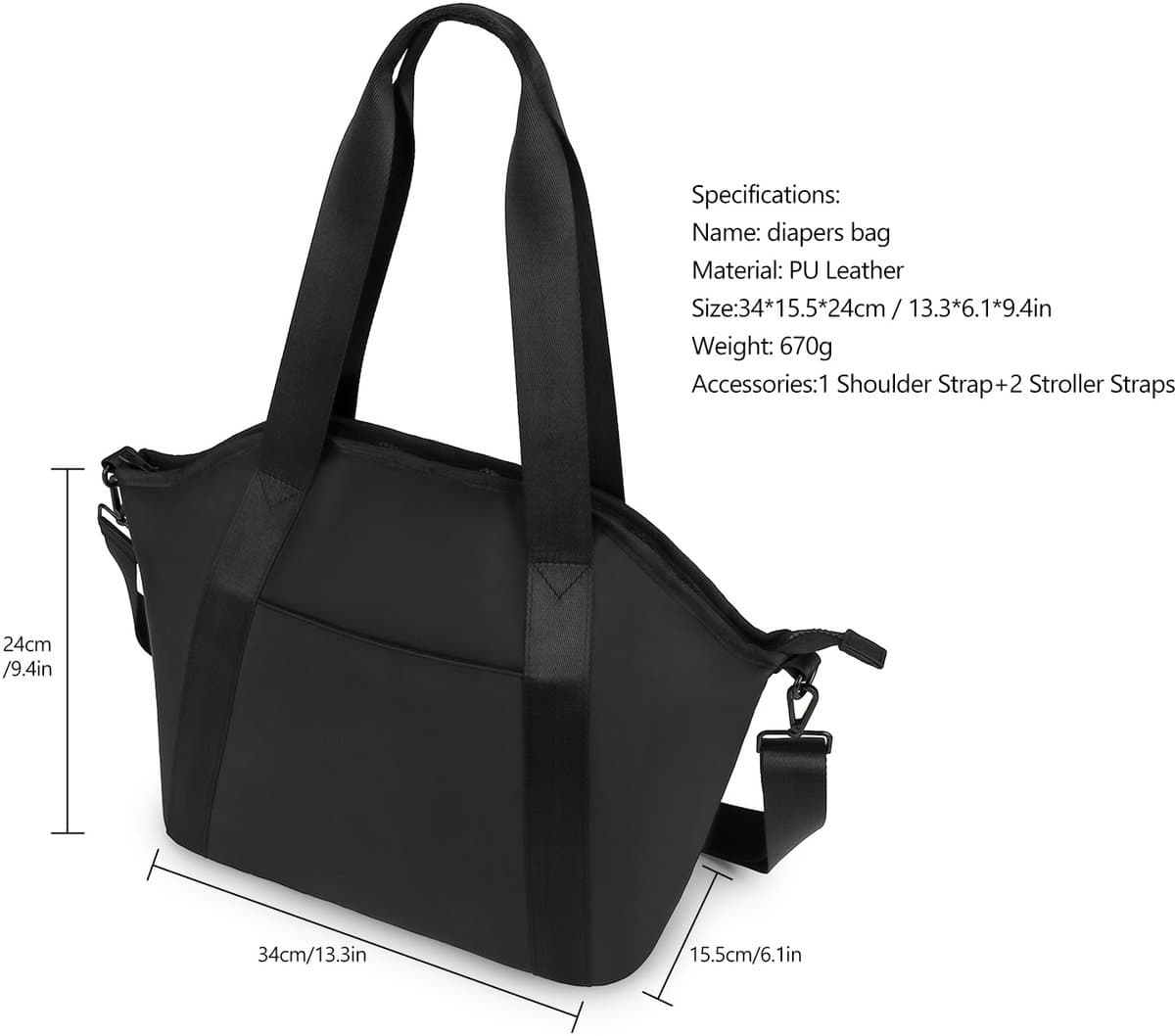 Luiertas Tote - Waterdichte Opbergtas - Luiertas voor Kinderwagen - Organizer voor Reisbenodigdheden voor Baby's - Luiertas van PU Leer met Isolatie - Zwart thumbnail 4