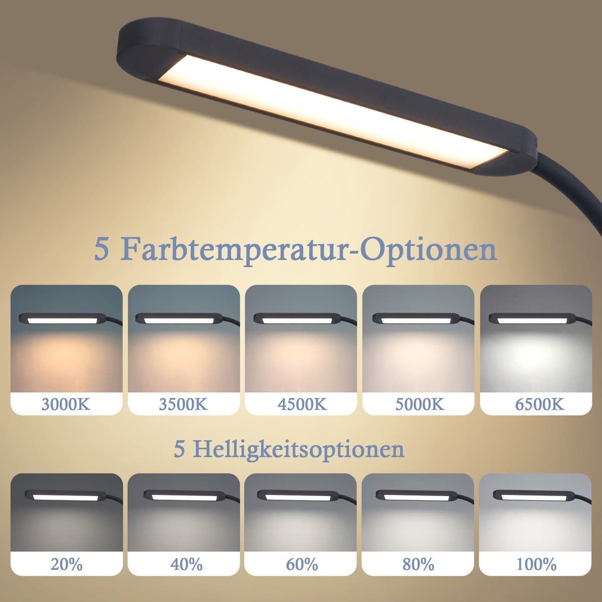 NETTLIFE Tafellamp LED - zwart - Flexibel Klemlamp - 3000-6500K Dimbaar - LED Bureaulamp - 11W - Daglicht Wit - 3 Kleurtemperaturen - 5 Helderheidsniveaus - USB Oplaadbaar - voor slaapkamer | woonkamer | Werkkamer thumbnail 3