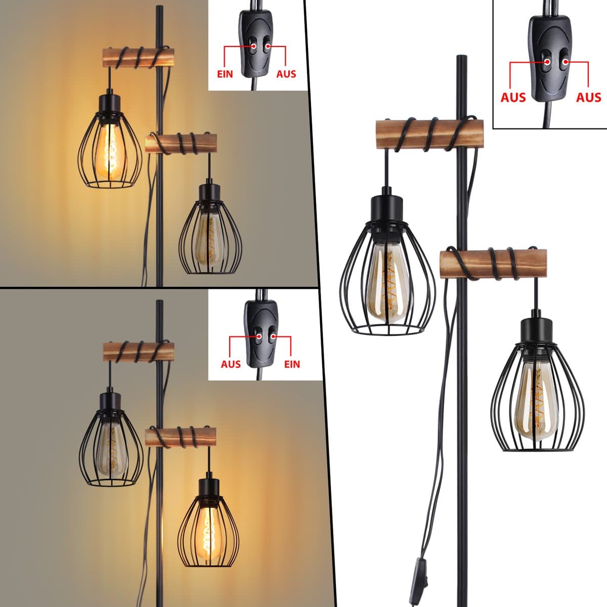 NETTLIFE Vloerlamp - E27, 2-lichts retro zwart thumbnail 3