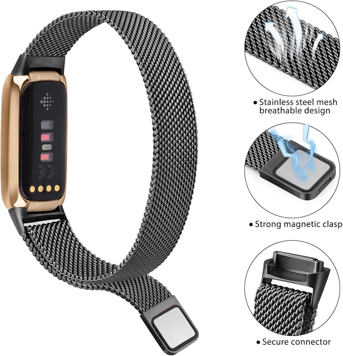JGS Premium - Armband van roestvrij staal met magnetische sluiting voor Fitbit Luxe - Zwart - Accessoires Fitnesstracker thumbnail 2