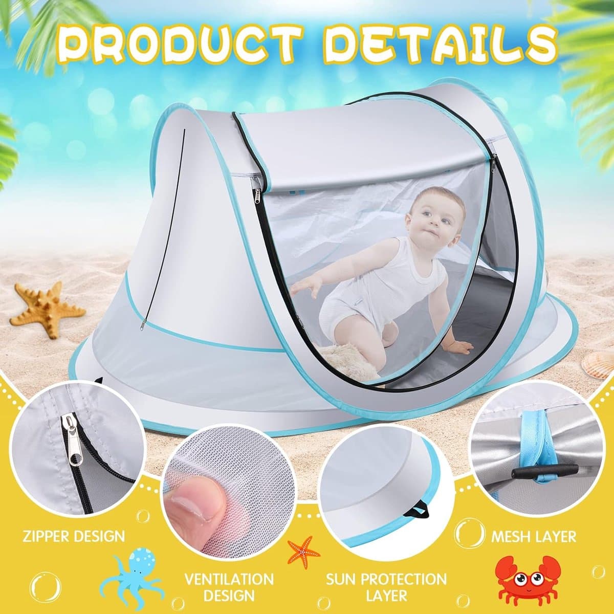 Fuegobird BabyBox Campingbedje - Baby Tentje - UV-beschermingsniveau UV50+ - Blokkeer Muggen - Opvouwbare opslag - Versterking van grondspijkers - Zilver Grijs/Blauw thumbnail 5