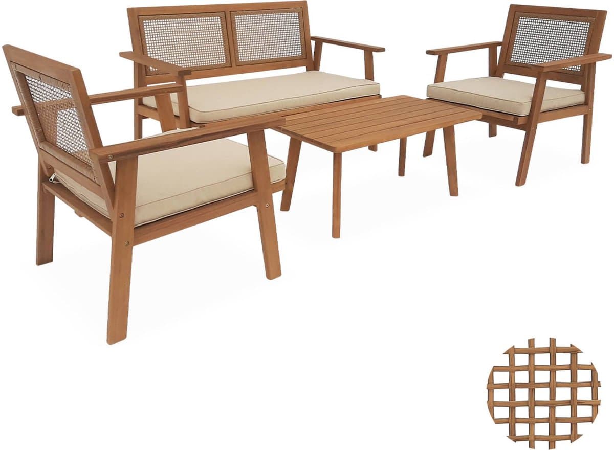 sweeek - Tuinset van hout en vierkant vlechtwerk 2-zitsbank, 2 fauteuils, 1 salontafel - bohémia