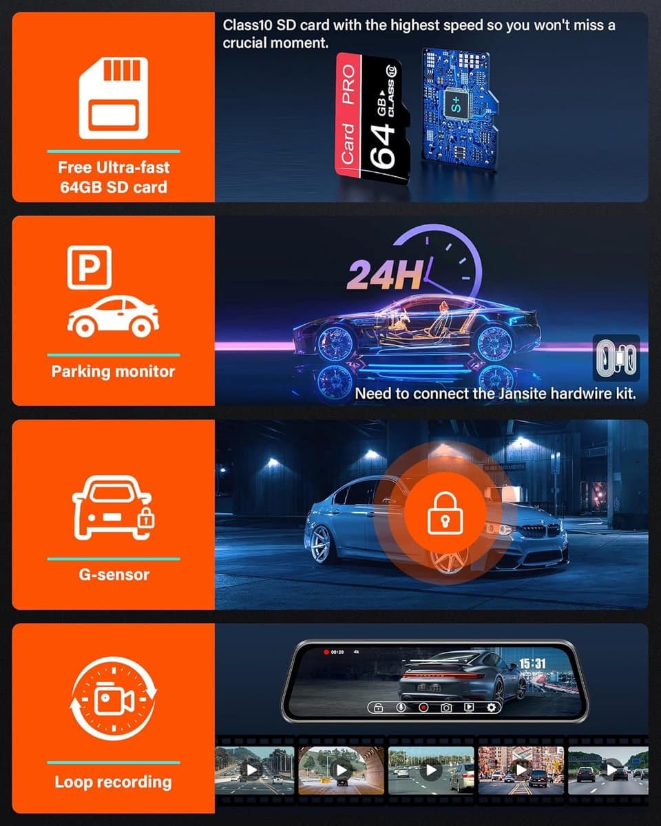 Dashcam voor auto voor en achter – Dual dashcam – Voor- en achtercamera – Autocamera – Full HD dashcam – Dashcam met nachtzicht – Dashcam met bewegingssensor – Groothoeklens – Parkeermodus – Loop recording – Dashcam met SD-kaart thumbnail 4