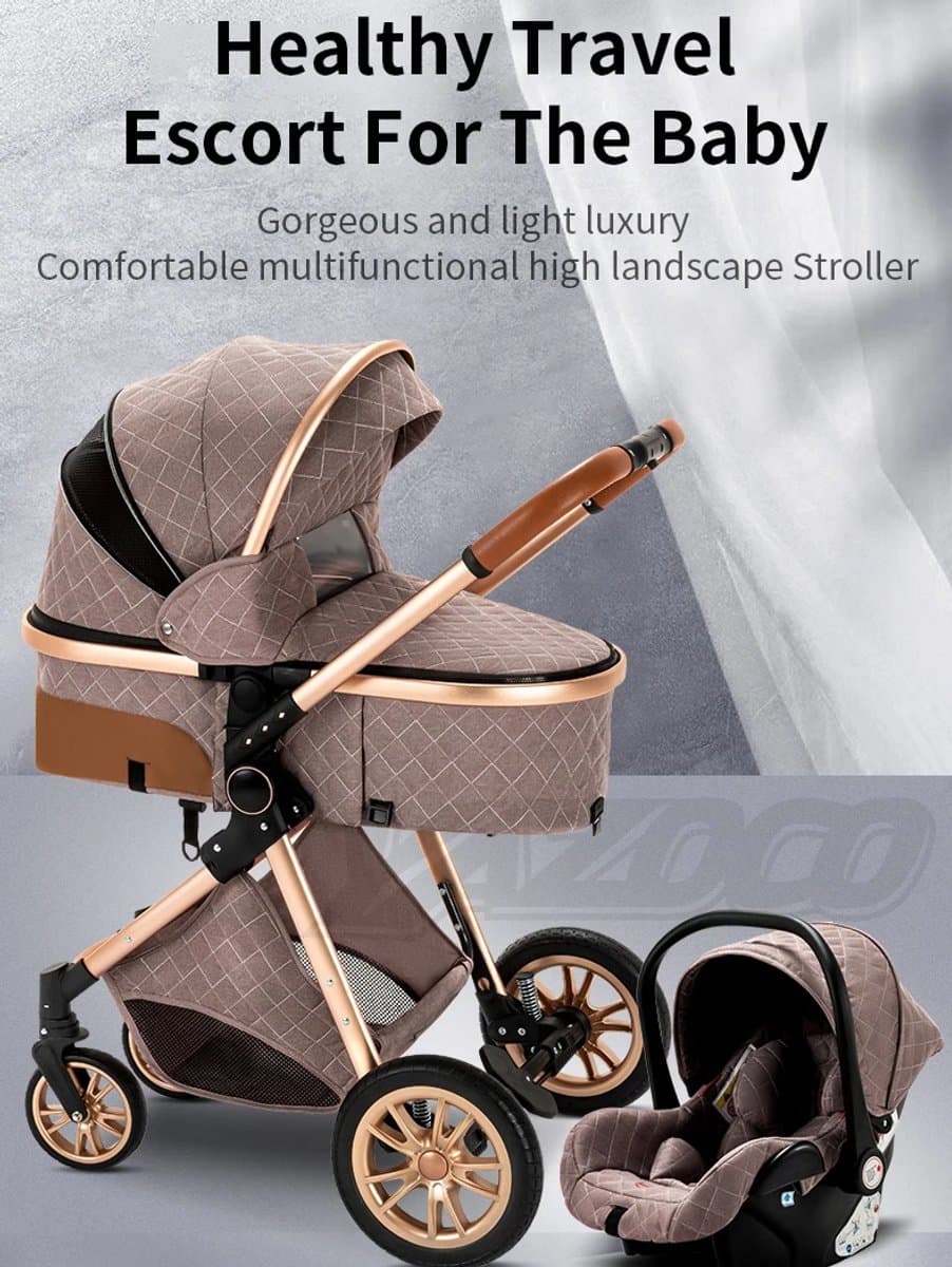 Luxe Multifunctionele 3-in-1 Combi Kinderwagen – Kwalitatieve Buggy – Opklapbare Wandelwagen – Khaki – Incl. Autostoel thumbnail 5