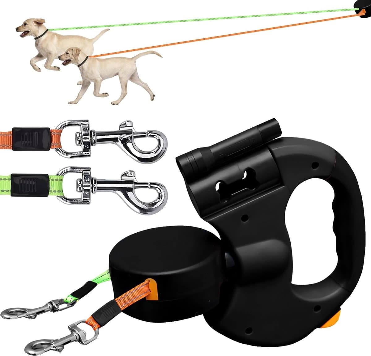 Dubbele hondenriem voor 2 honden - Flexibele, intrekbare hondenriem met LED-lampje - Hondenriem van 3 m - Intrekbare hondenriem met comfortabele ergonomische handgreep - Intrekbare riem -Zwart-20.5*18.2*4.5cm thumbnail 2