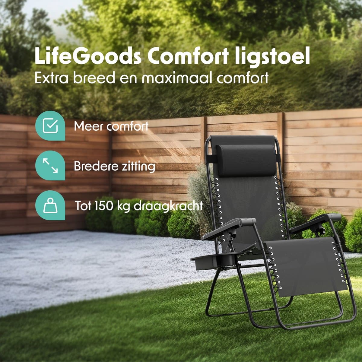 LifeGoods Opvouwbare Tuinstoel - Ligstoel Tuin - 30°-90° Verstelbaar - Metaal - Zwart thumbnail 2