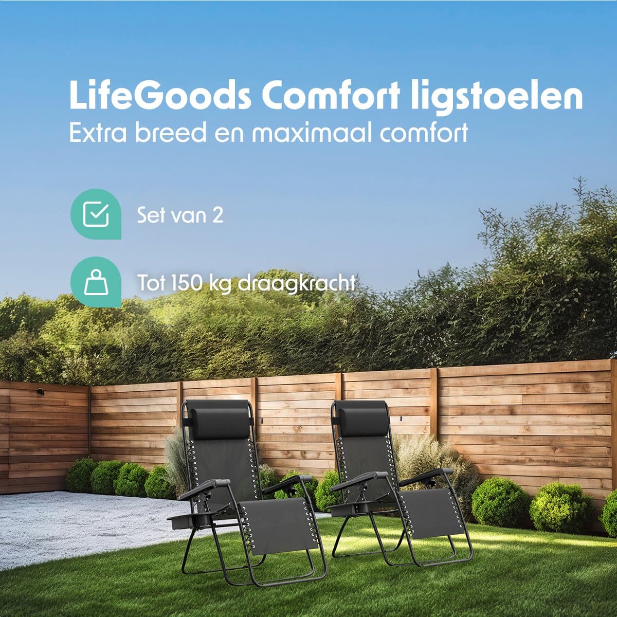 LifeGoods Opvouwbare Tuinstoelen - 2 Stuks - Ligstoel Tuin - 30°-90° Verstelbaar - Metaal - Zwart thumbnail 2