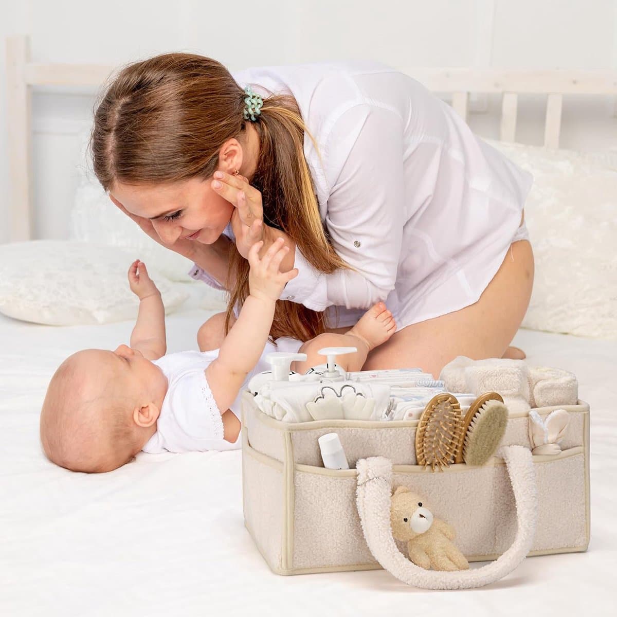 Luiertas - Luiermand - Luiermandje - Speelgoedmand - Luiermand voor Babykameraccessoires - Luier Organizer -Zwangerschapscadeaus -Met handvat- Opbergmand voor babyluiers en doekjes - Organizerr - Kraamcadeau -beige thumbnail 5