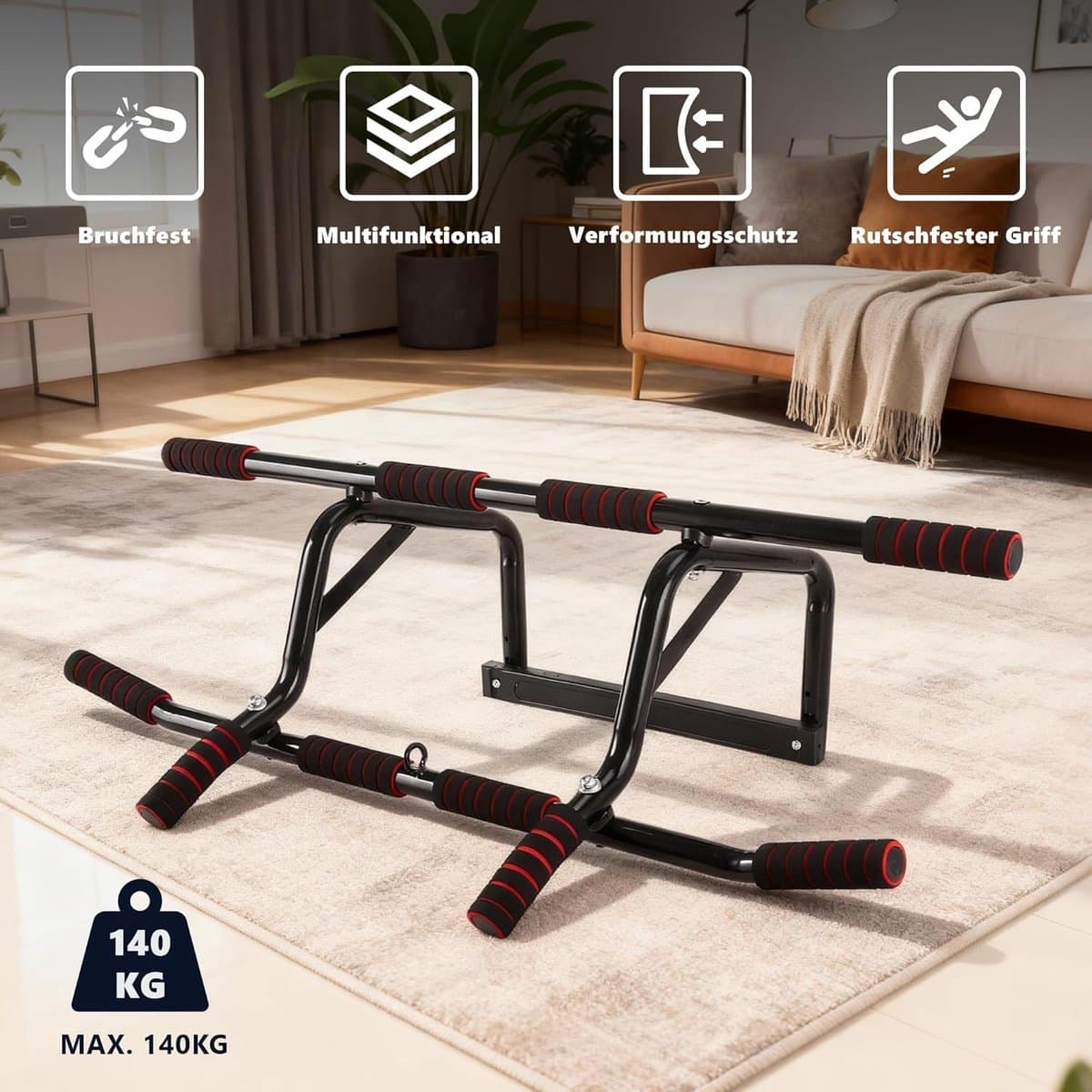 NETTLIFE Pull Up Bar - Pull-upstang voor deurkozijn - 140kg Draagkracht - met gewatteerde antisliphandgrepen - Optrekstang Wandmontage - Trainingsapparaat voor deurkozijn 80-90 cm - Pull Up Station voor Thuis Sporten - Thuis Fitness - zwart thumbnail 6