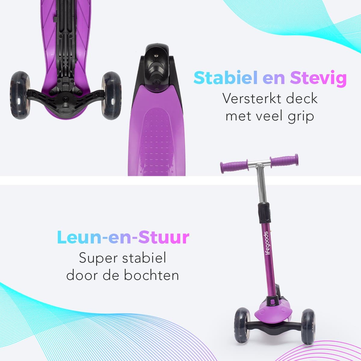 LifeGoods Kinderstep - Step 2-5 Jaar - 3 Lichtgevende LED Wielen - Hoogte Verstelbaar - Jongens/Meisjes - Paars thumbnail 3