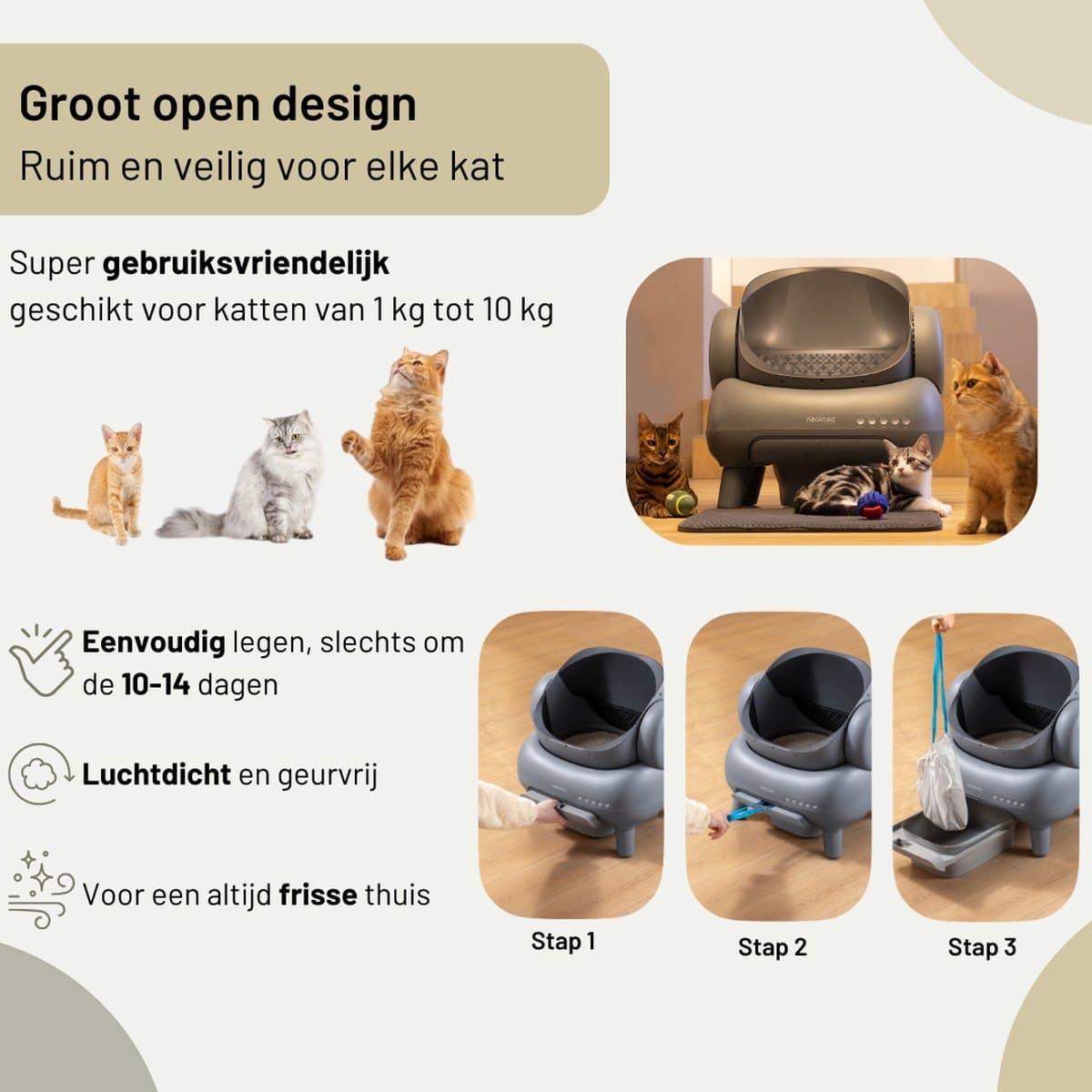 Neakasa M1 Zelfreinigende Kattenbak XXL – Automatische Kattenbak met App – Boven Open – Geurvrij & Hygiënisch – Voor Meerdere Katten – Inclusief Kattenbakmat – Grote Inhoud – Slimme Kattenbak - met App - Grijs thumbnail 3